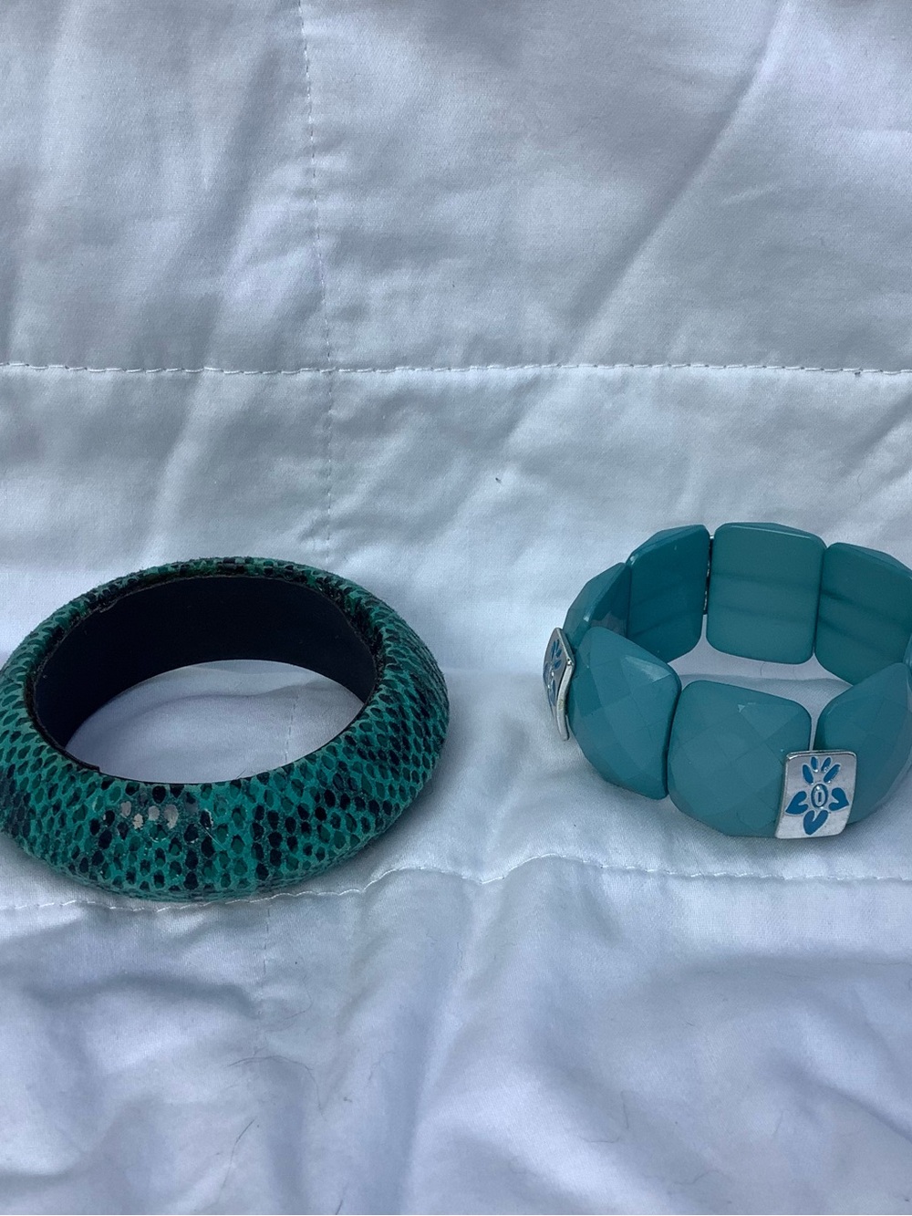 Teal Snake-Print Bangle and Teal Stone Stretch Bracelet Set